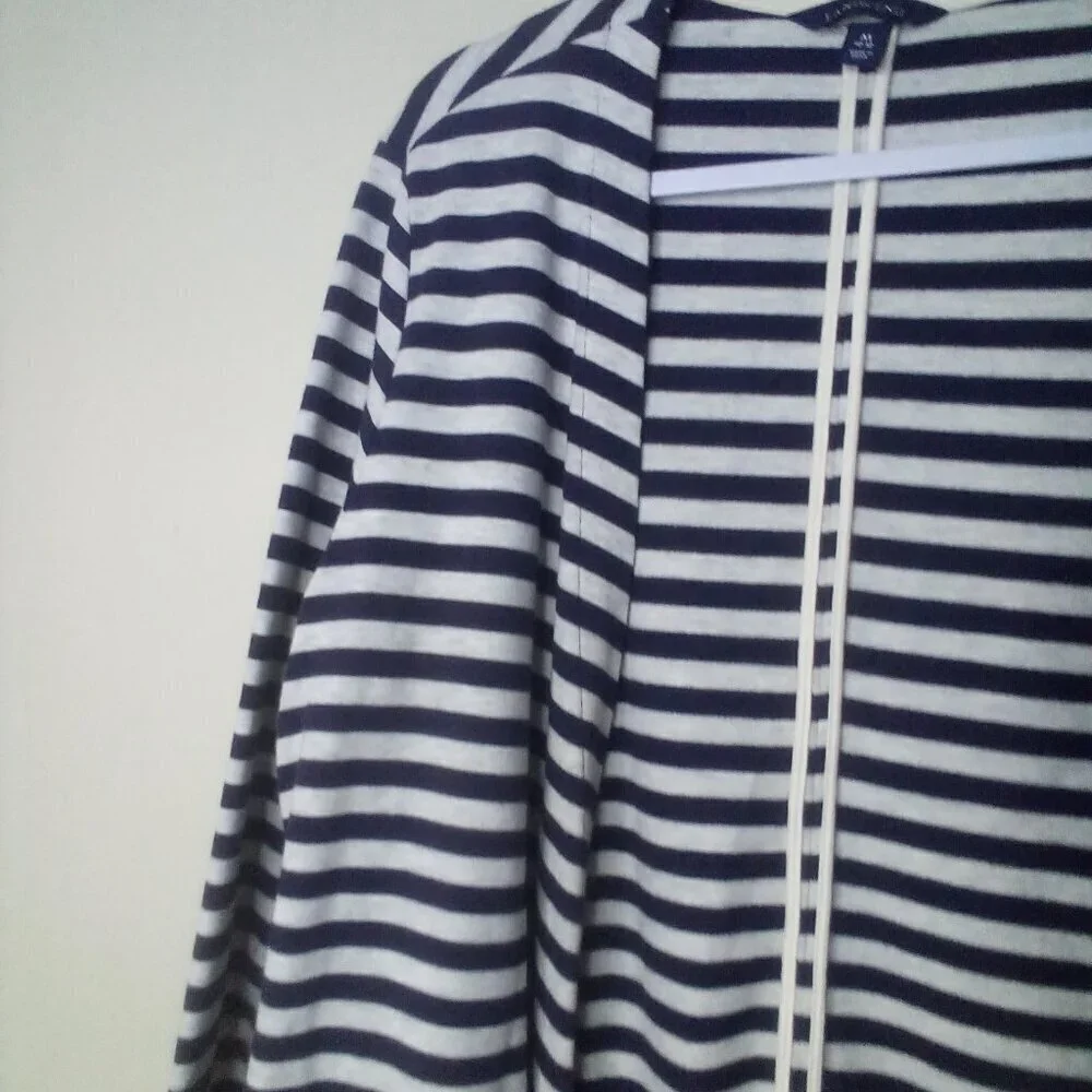 Lands' End Open Cardigan Women M 10-12 Long Sleeve Stripe Blue White